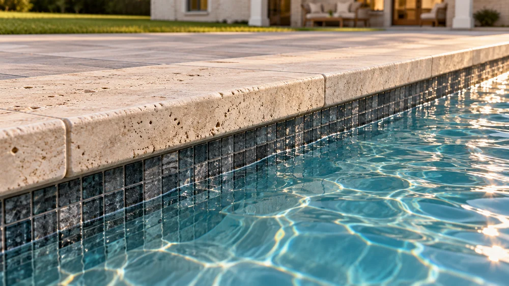 Concept close-up: warm Ivory Travertine coping above charcoal waterline tile, with separate pavers behind.